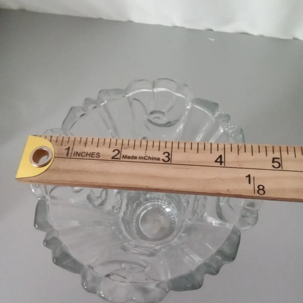 Vintage Clear Pressed Glass Scalloped Flared Vase Ornate Scroll Ribbed 8.5 Inch